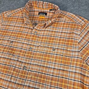 Orvis Flat Creek Tech Flannel Shirt Mens Large Orange Plaid Active Fit 2SSE